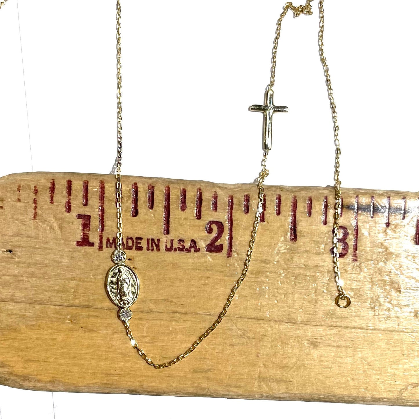 Mini Double Diamond Mary and Cross Necklace