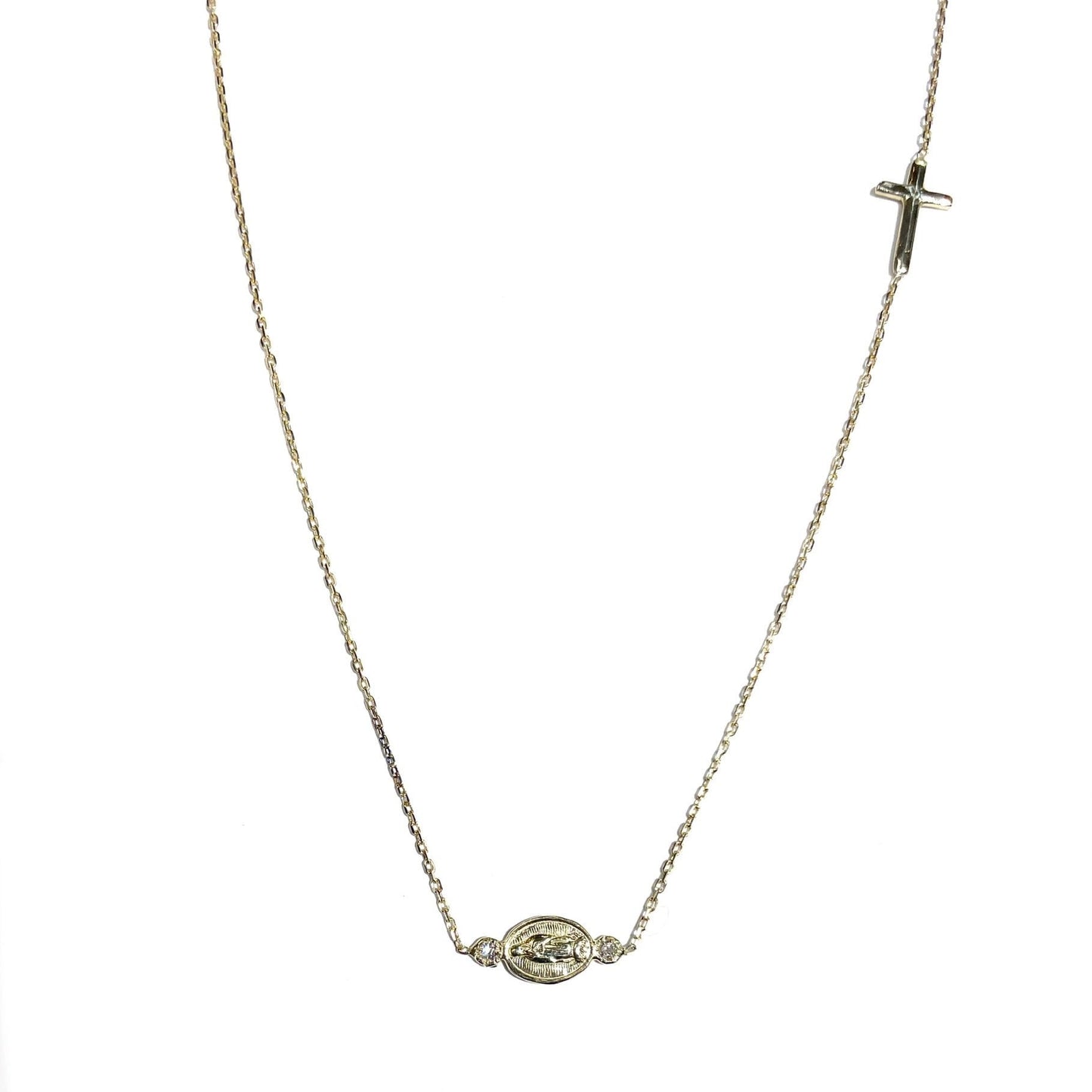 Mini Double Diamond Mary and Cross Necklace