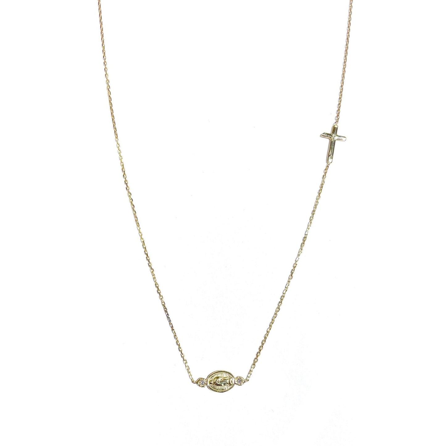 Mini Double Diamond Mary and Cross Necklace